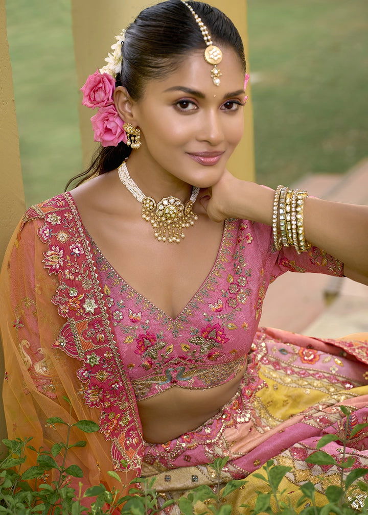 Shades Of Pink Banarasi Silk Lehenga Choli with Stones, Sequins & Heavy Cut Work Border