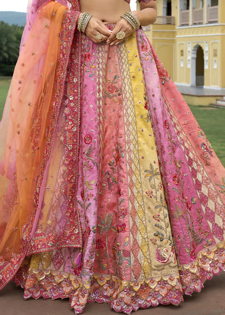 Shades Of Pink Banarasi Silk Lehenga Choli with Stones, Sequins & Heavy Cut Work Border
