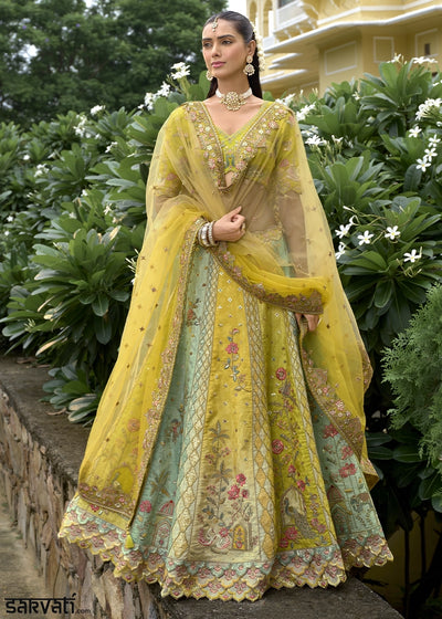 Shades Of Green Banarasi Silk Lehenga Choli with Stones, Sequins & Heavy Cut Work Border