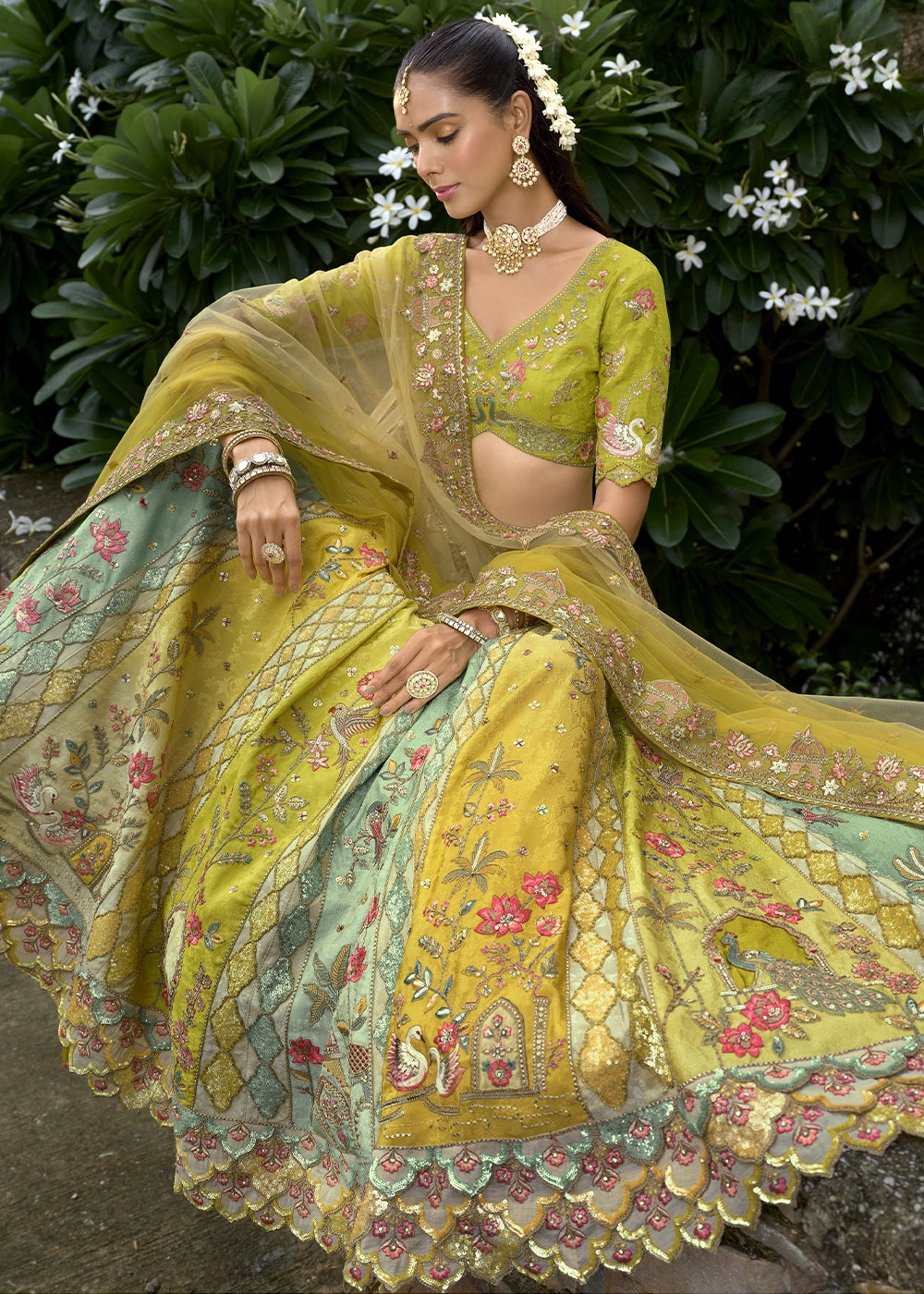 Shades Of Green Banarasi Silk Lehenga Choli with Stones, Sequins & Heavy Cut Work Border