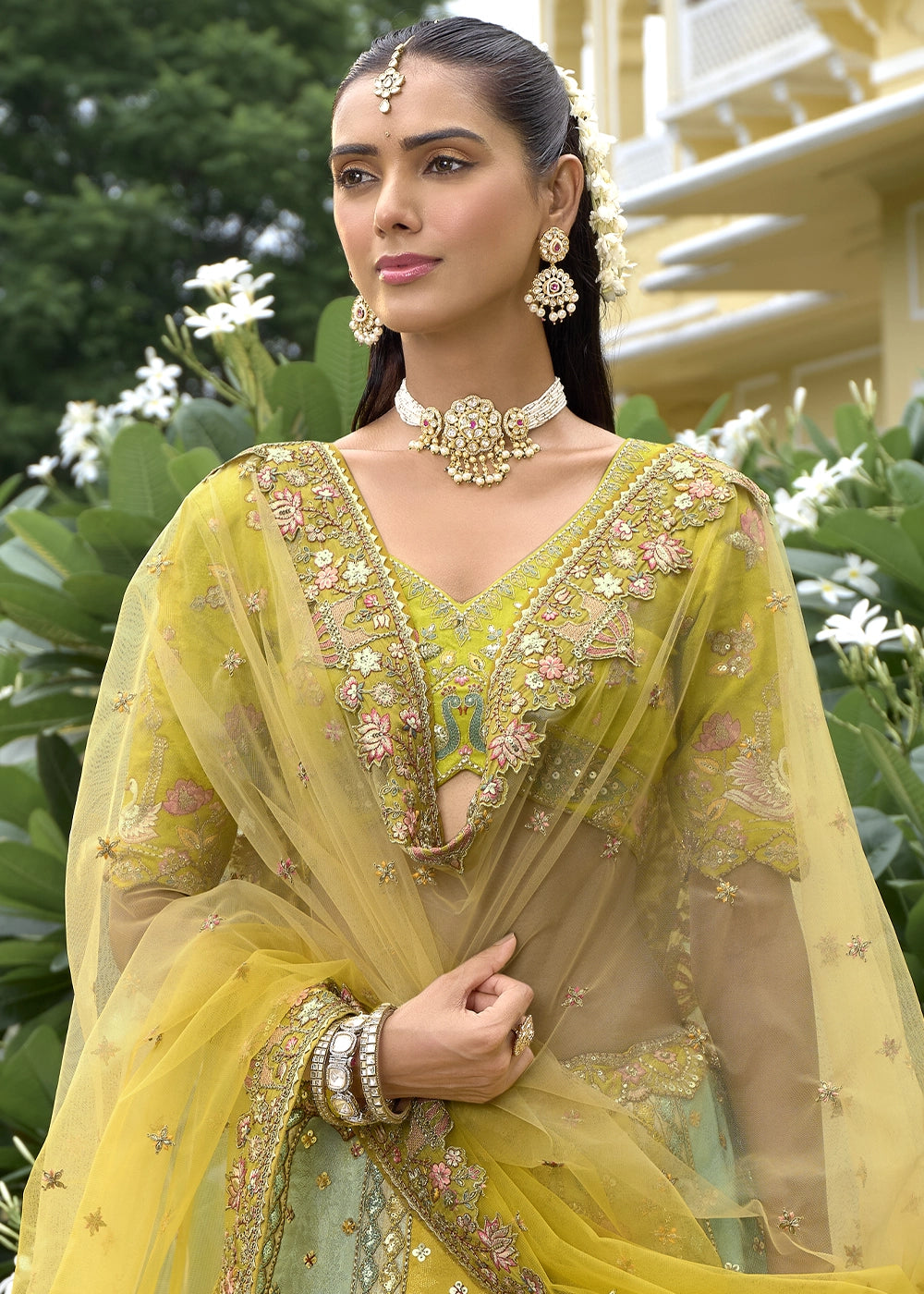 Shades Of Green Banarasi Silk Lehenga Choli with Stones, Sequins & Heavy Cut Work Border