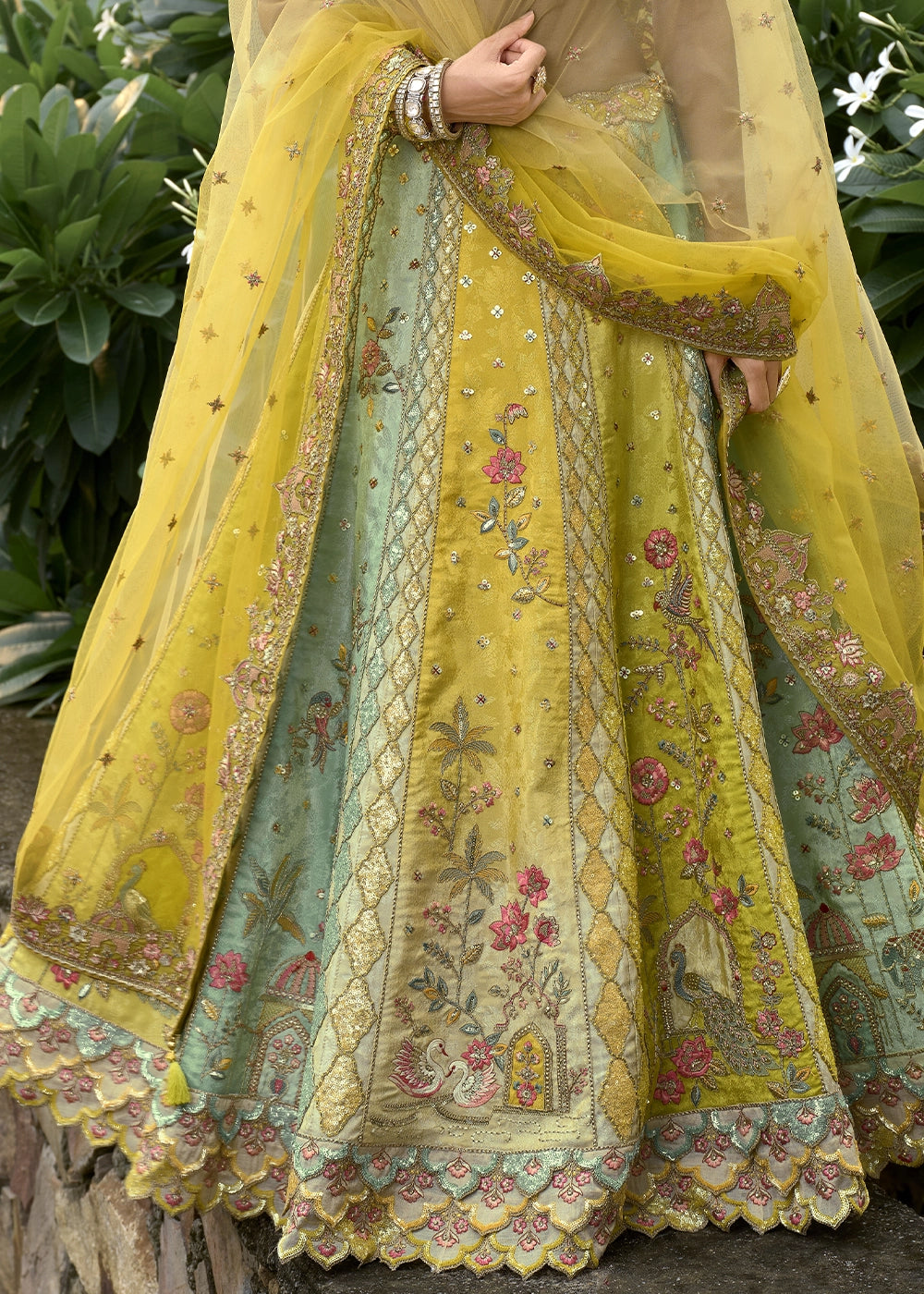 Shades Of Green Banarasi Silk Lehenga Choli with Stones, Sequins & Heavy Cut Work Border