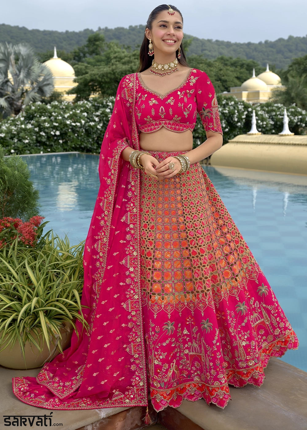 Magenta Pink Banarasi Silk Lehenga Choli with Stones, Sequins & Heavy Cut Work Border
