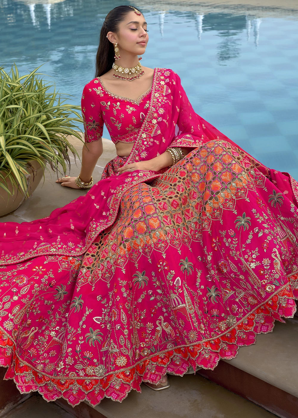 Magenta Pink Banarasi Silk Lehenga Choli with Stones, Sequins & Heavy Cut Work Border