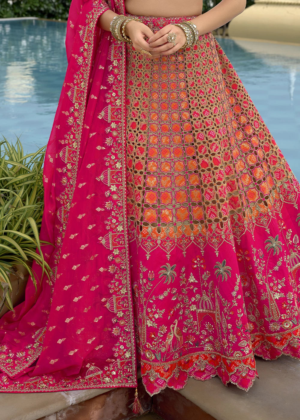 Magenta Pink Banarasi Silk Lehenga Choli with Stones, Sequins & Heavy Cut Work Border