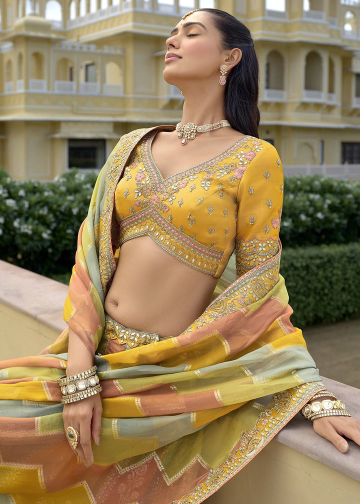 Shades Of Yellow Banarasi Silk Lehenga Choli with Stones, Sequins & Heavy Cut Work Border