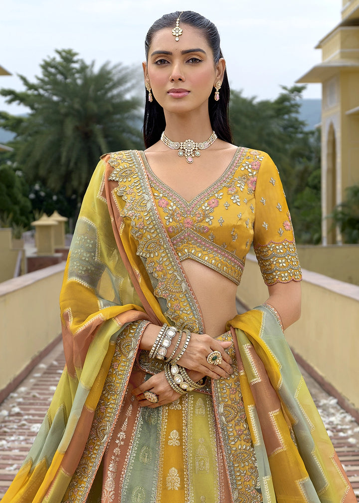 Shades Of Yellow Banarasi Silk Lehenga Choli with Stones, Sequins & Heavy Cut Work Border