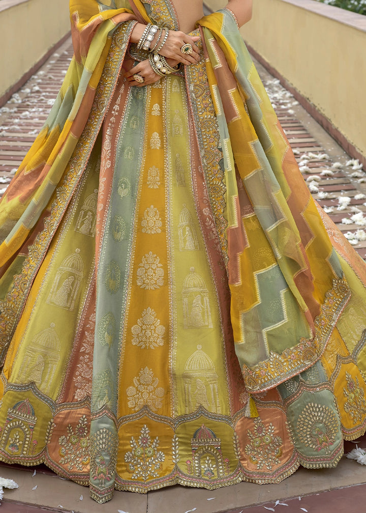 Shades Of Yellow Banarasi Silk Lehenga Choli with Stones, Sequins & Heavy Cut Work Border