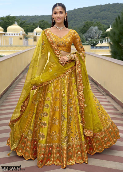 Yellow & Green Banarasi Silk Lehenga Choli with Stones, Sequins & Heavy Cut Work Border