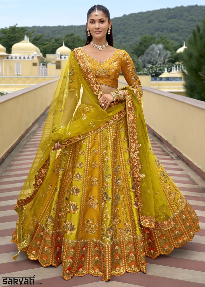 Yellow & Green Banarasi Silk Lehenga Choli with Stones, Sequins & Heavy Cut Work Border