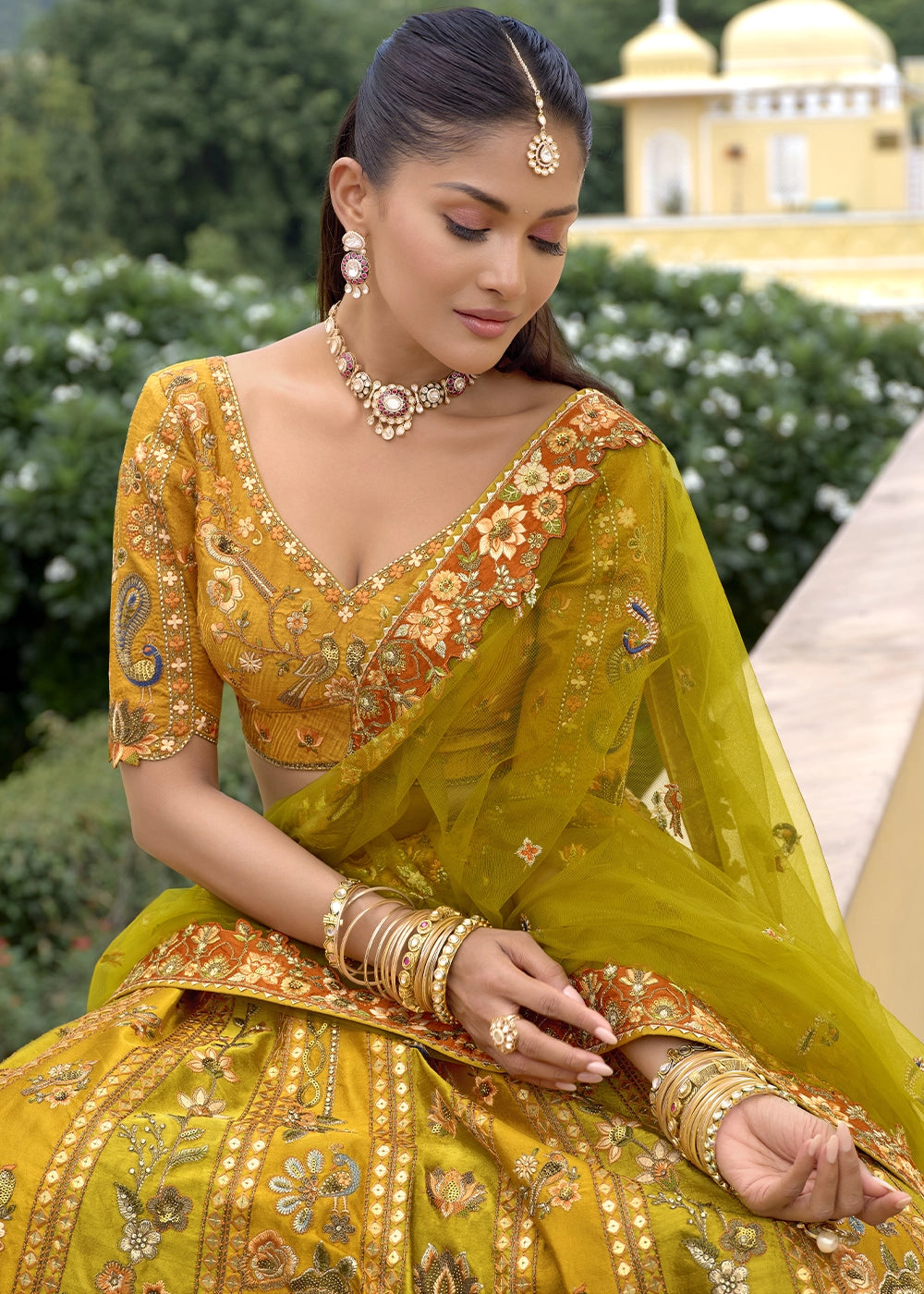 Yellow & Green Banarasi Silk Lehenga Choli with Stones, Sequins & Heavy Cut Work Border