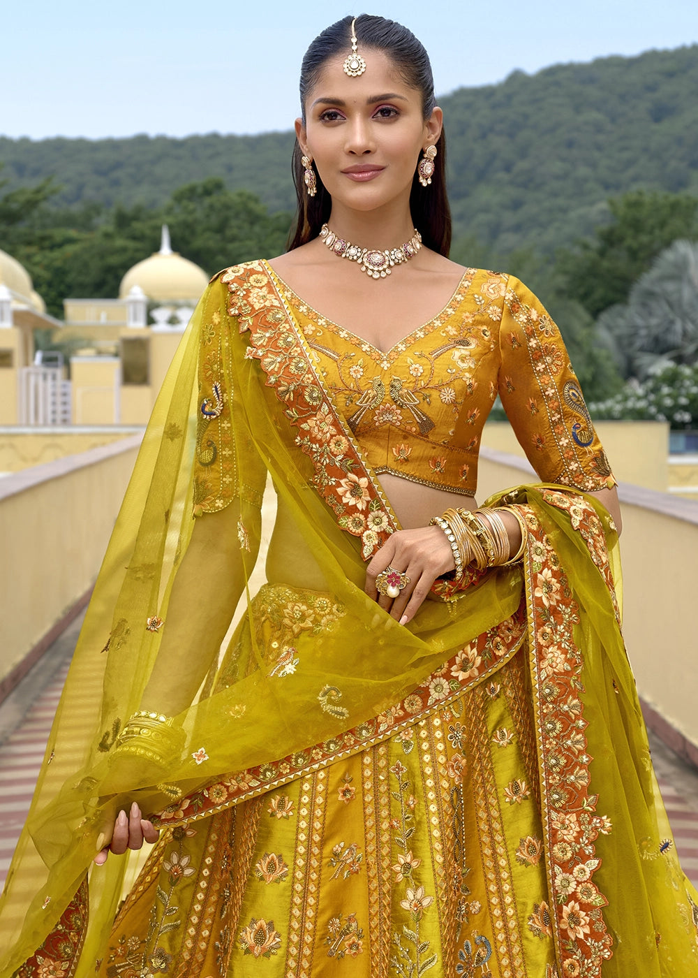 Yellow & Green Banarasi Silk Lehenga Choli with Stones, Sequins & Heavy Cut Work Border