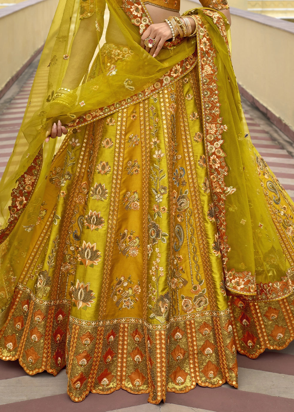 Yellow & Green Banarasi Silk Lehenga Choli with Stones, Sequins & Heavy Cut Work Border