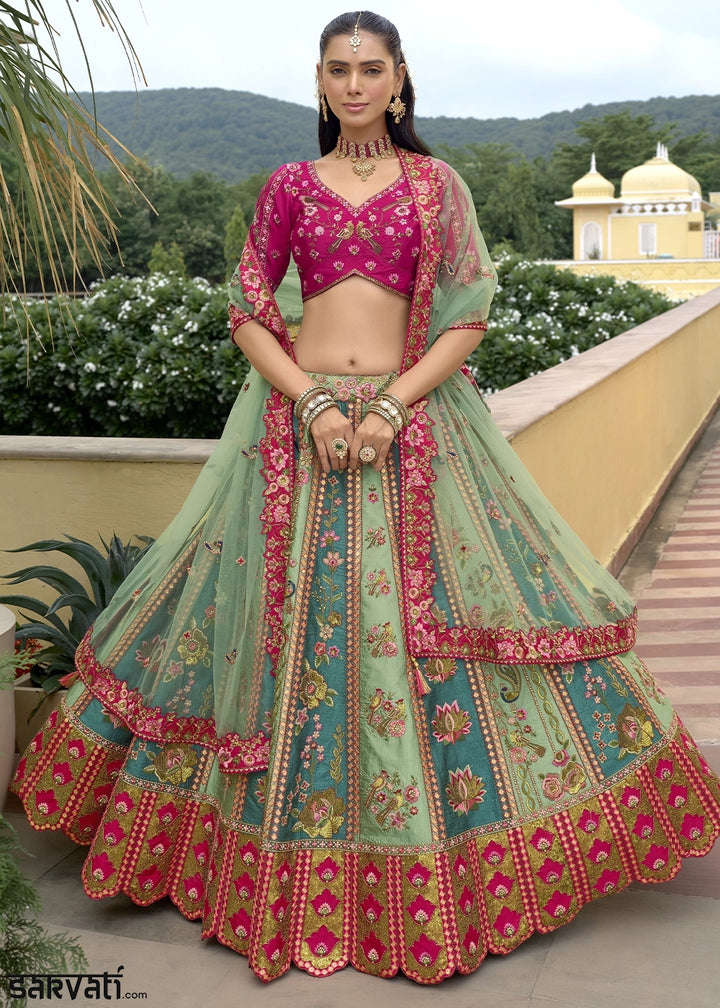Blue & Pink Banarasi Silk Lehenga Choli with Stones, Sequins & Heavy Cut Work Border