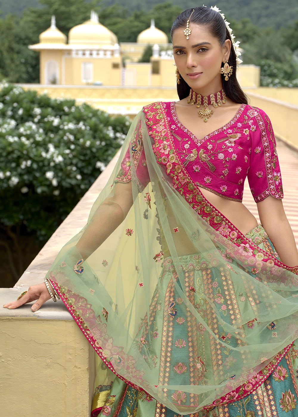 Blue & Pink Banarasi Silk Lehenga Choli with Stones, Sequins & Heavy Cut Work Border
