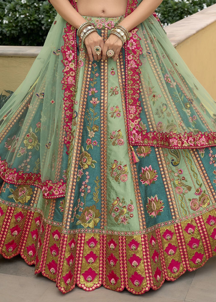 Blue & Pink Banarasi Silk Lehenga Choli with Stones, Sequins & Heavy Cut Work Border