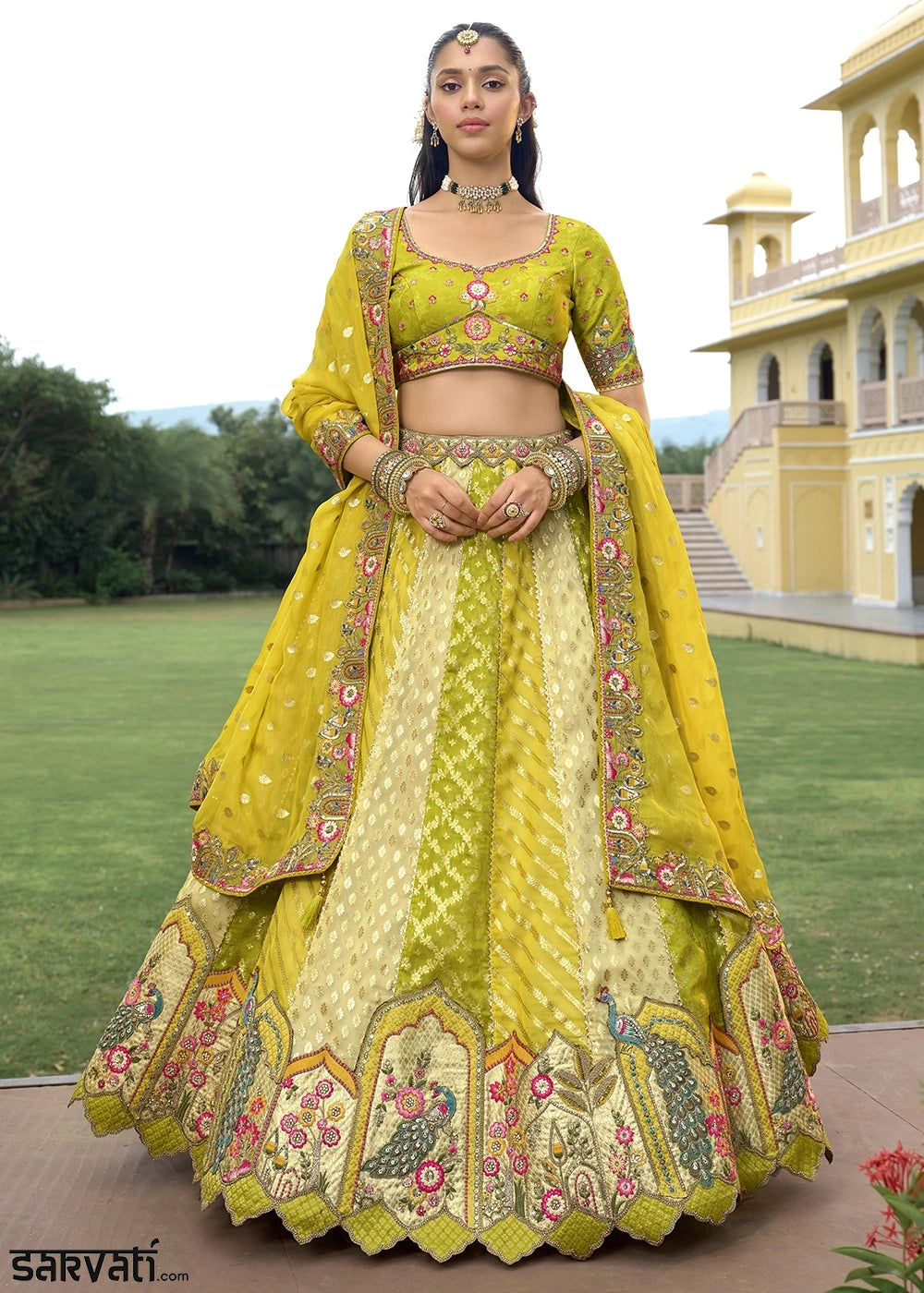 Olive Green Banarasi Silk Lehenga Choli with Stones, Sequins & Heavy Cut Work Border