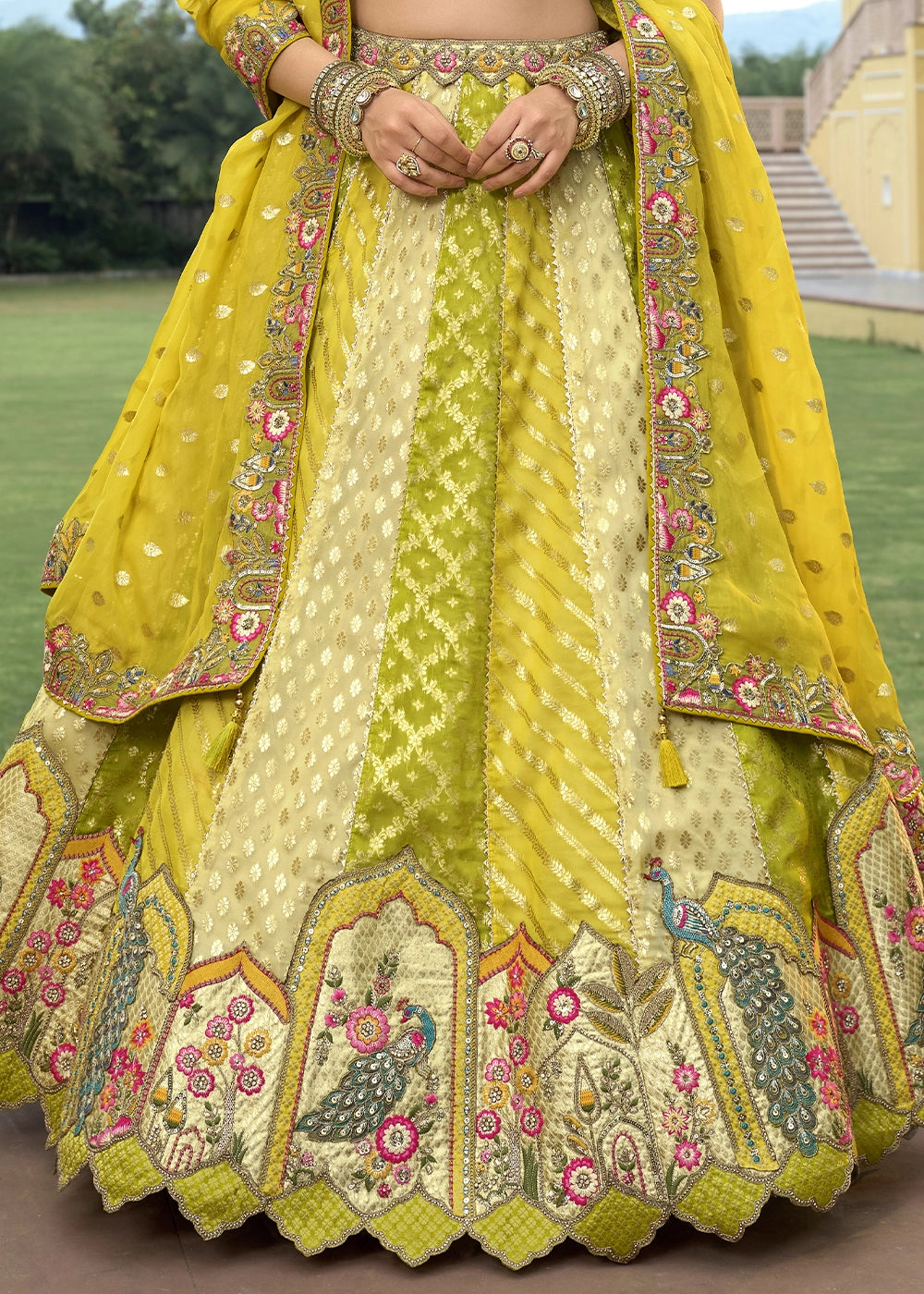 Olive Green Banarasi Silk Lehenga Choli with Stones, Sequins & Heavy Cut Work Border