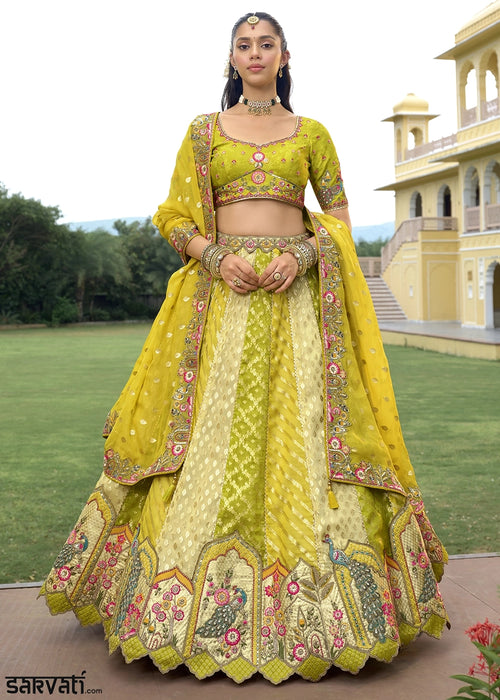 Olive Green Banarasi Silk Lehenga Choli with Stones, Sequins & Heavy Cut Work Border