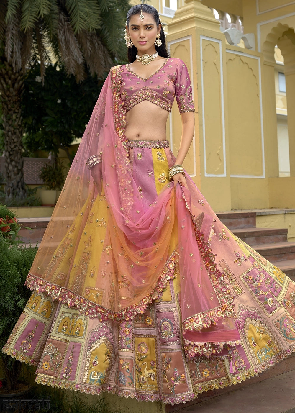 Pink & Yellow Banarasi Silk Lehenga Choli with Stones, Sequins & Heavy Cut Work Border