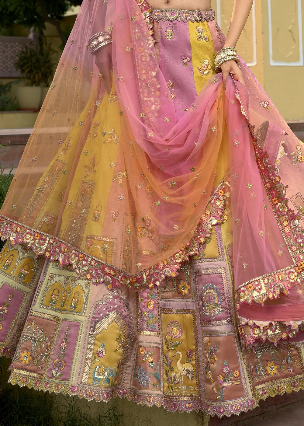 Pink & Yellow Banarasi Silk Lehenga Choli with Stones, Sequins & Heavy Cut Work Border