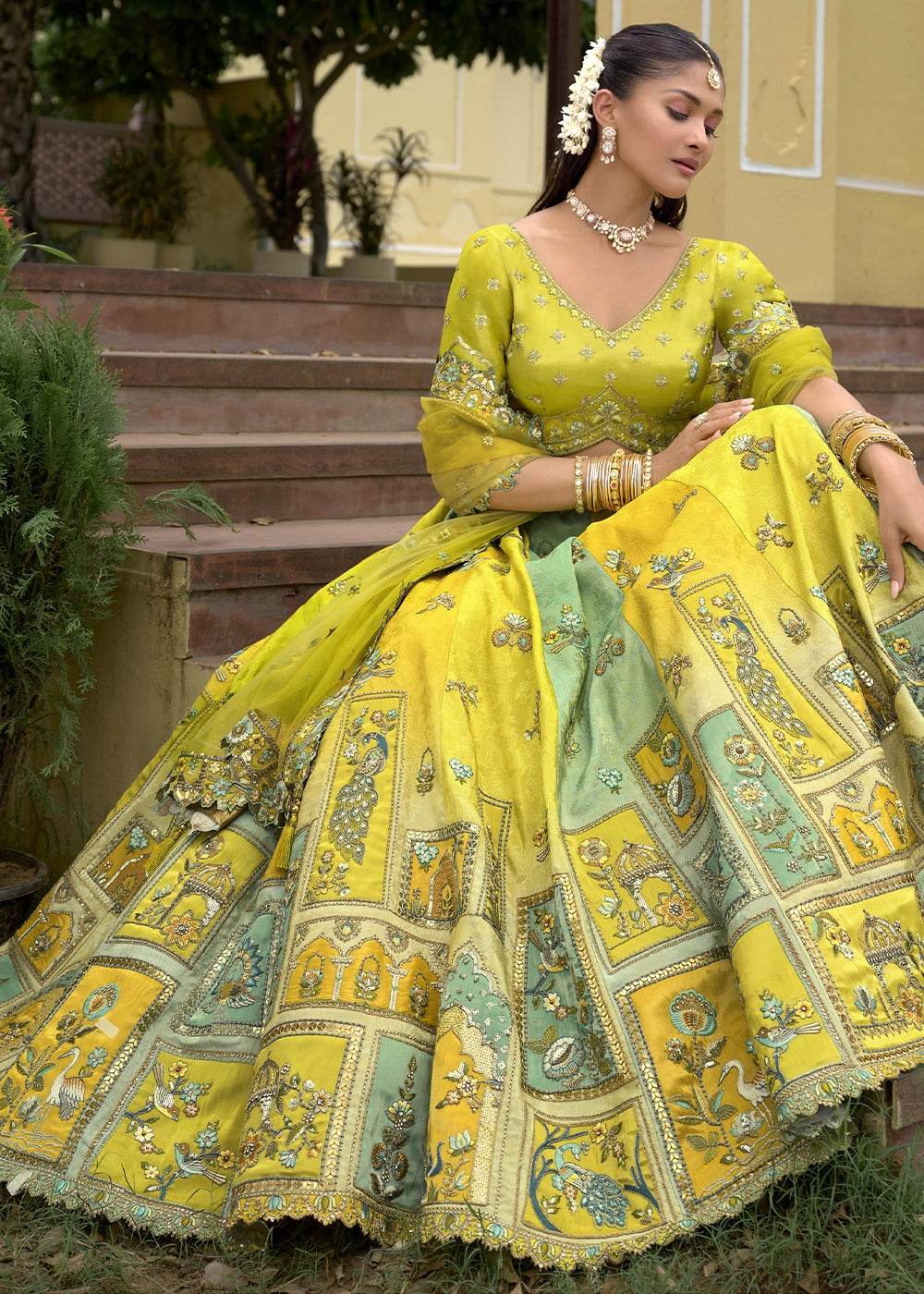 Green & Yellow Banarasi Silk Lehenga Choli with Stones, Sequins & Heavy Cut Work Border