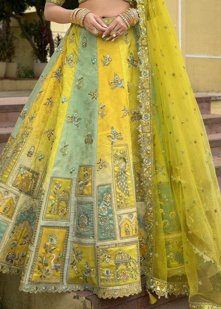 Green & Yellow Banarasi Silk Lehenga Choli with Stones, Sequins & Heavy Cut Work Border