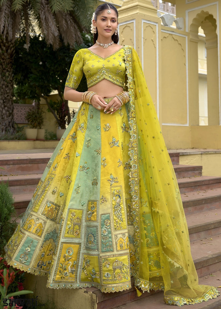 Green & Yellow Banarasi Silk Lehenga Choli with Stones, Sequins & Heavy Cut Work Border