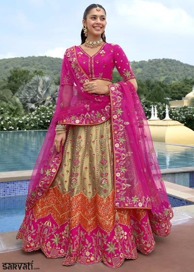 Pink & Brown Banarasi Silk Lehenga Choli with Stones, Sequins & Heavy Cut Work Border