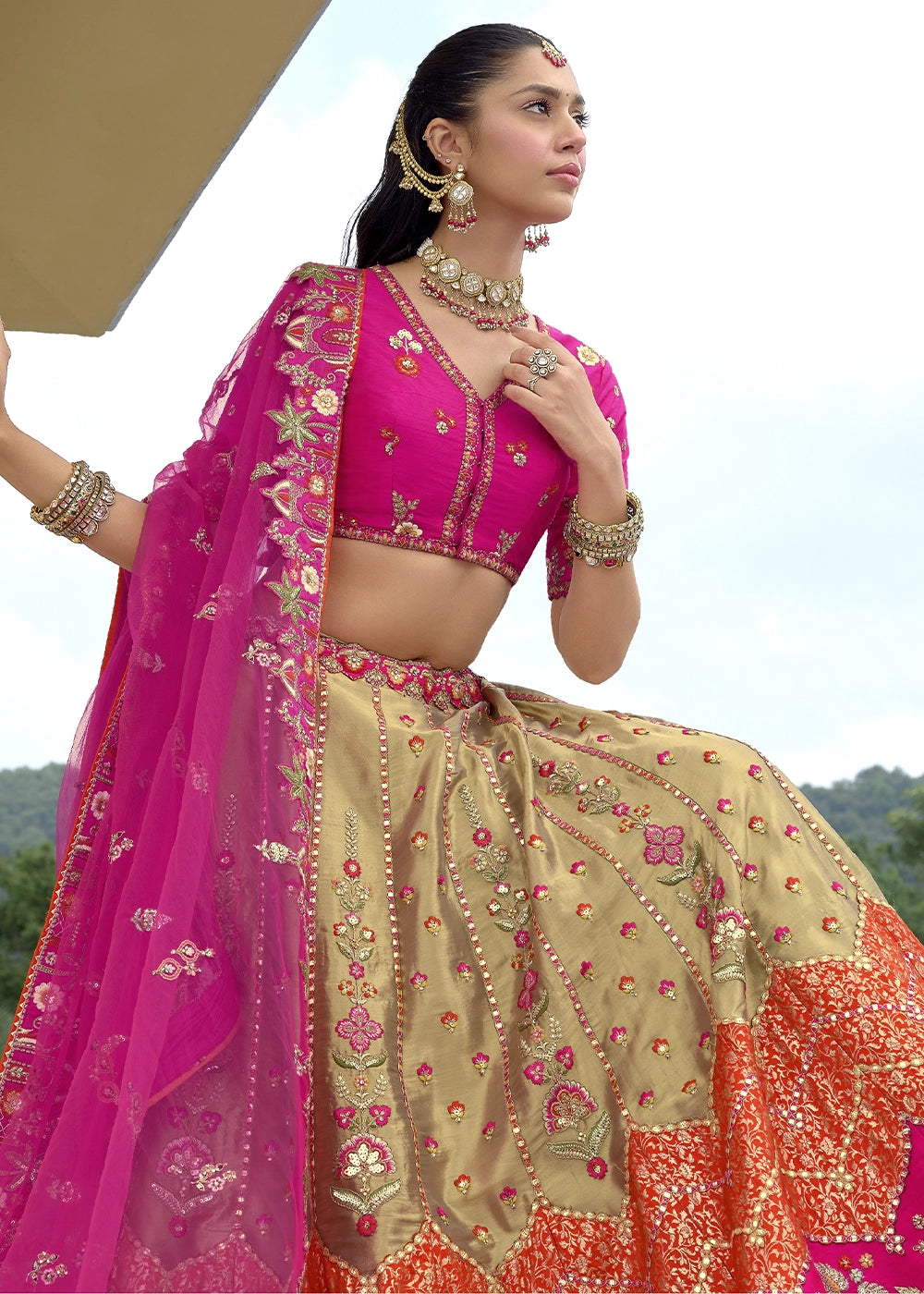 Pink & Brown Banarasi Silk Lehenga Choli with Stones, Sequins & Heavy Cut Work Border