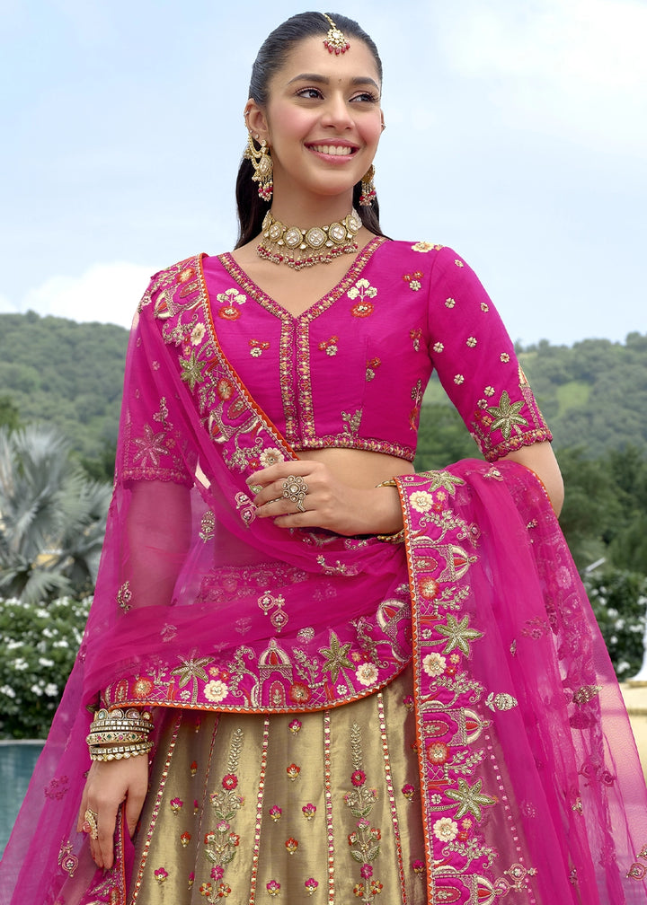 Pink & Brown Banarasi Silk Lehenga Choli with Stones, Sequins & Heavy Cut Work Border