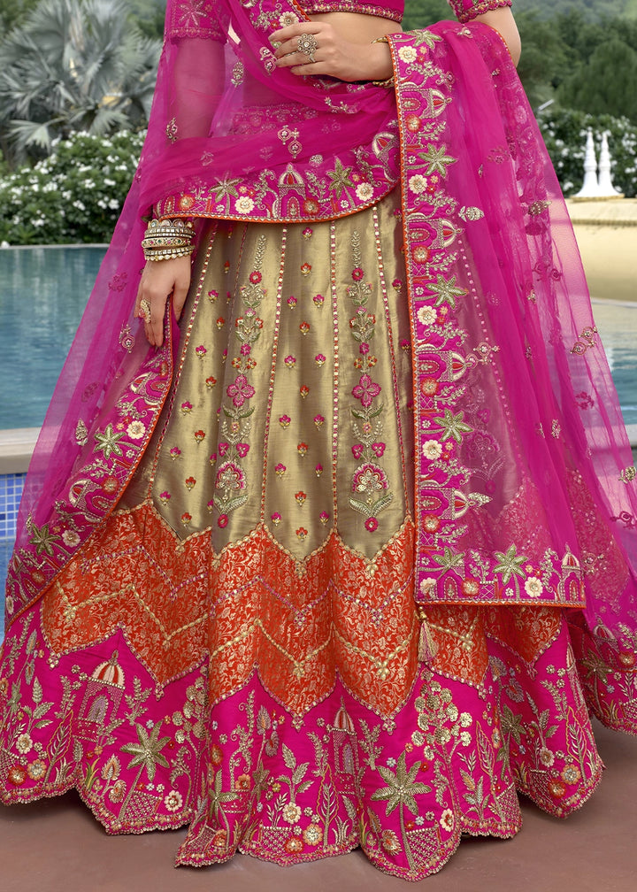 Pink & Brown Banarasi Silk Lehenga Choli with Stones, Sequins & Heavy Cut Work Border