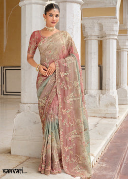Dusty Pink and Grey Tissue Silk Saree with Zari and Khatli Detailing