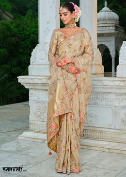Beige Brown Tissue Silk Saree with Zari and Khatli Detailing