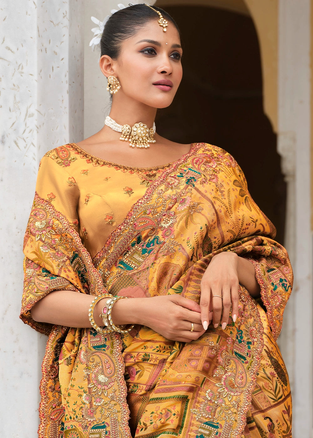 Gamboge Yellow Banarasi Silk Saree with Zari and Khatli Detailing