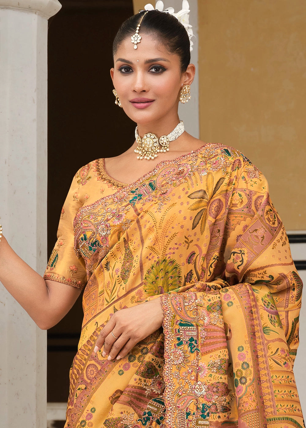 Gamboge Yellow Banarasi Silk Saree with Zari and Khatli Detailing