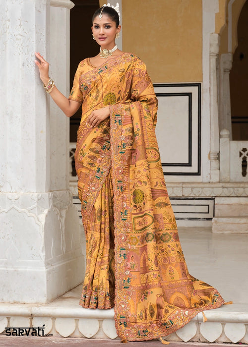 Gamboge Yellow Banarasi Silk Saree with Zari and Khatli Detailing