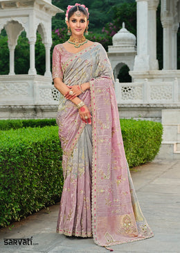 Lavender Pink and Grey Tissue Silk Saree with Zari and Khatli Detailing