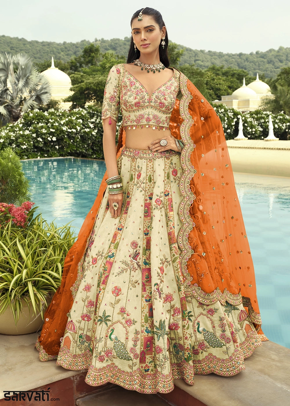 Cream White Banarasi Silk Embroidered Lehenga Choli with Heavy Cut Work & Mirror Detailing