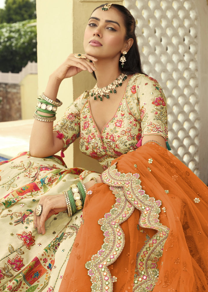 Cream White Banarasi Silk Embroidered Lehenga Choli with Heavy Cut Work & Mirror Detailing