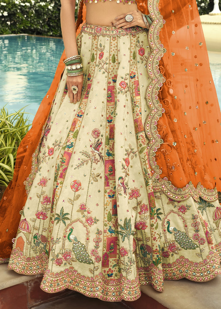 Cream White Banarasi Silk Embroidered Lehenga Choli with Heavy Cut Work & Mirror Detailing