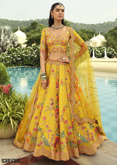 Amber Yellow Banarasi Silk Embroidered Lehenga Choli with Heavy Cut Work & Mirror Detailing