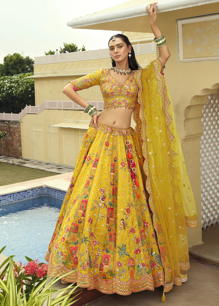 Amber Yellow Banarasi Silk Embroidered Lehenga Choli with Heavy Cut Work & Mirror Detailing