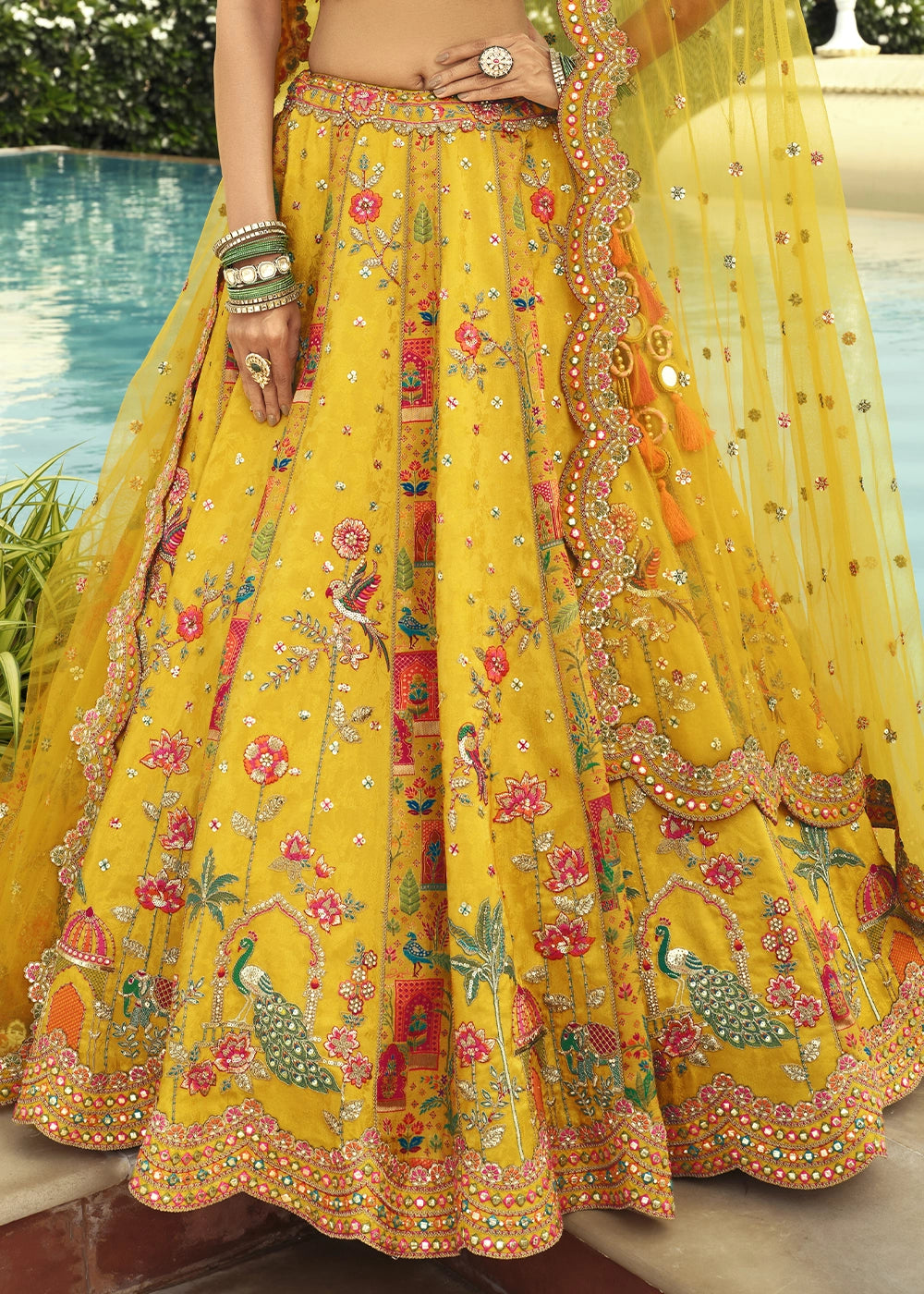 Amber Yellow Banarasi Silk Embroidered Lehenga Choli with Heavy Cut Work & Mirror Detailing