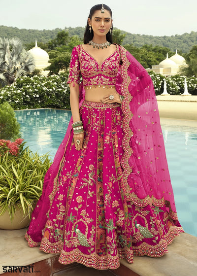 Magenta Pink Banarasi Silk Embroidered Lehenga Choli with Heavy Cut Work & Mirror Detailing