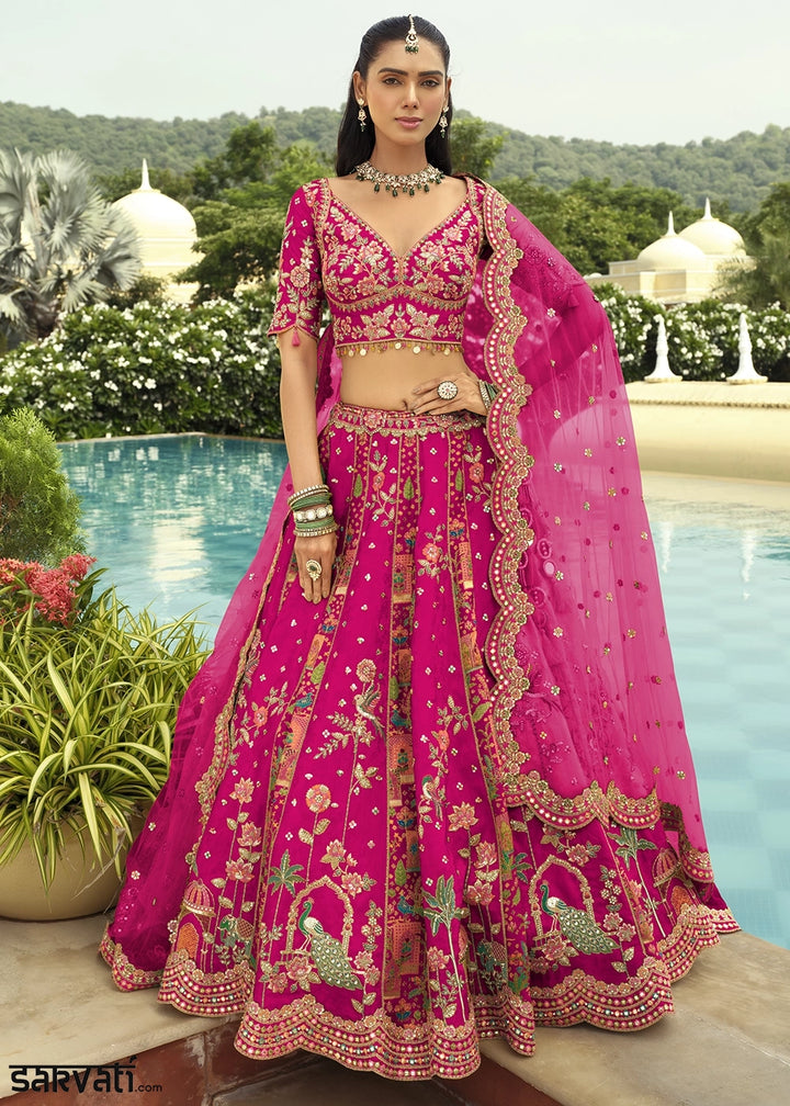 Magenta Pink Banarasi Silk Embroidered Lehenga Choli with Heavy Cut Work & Mirror Detailing