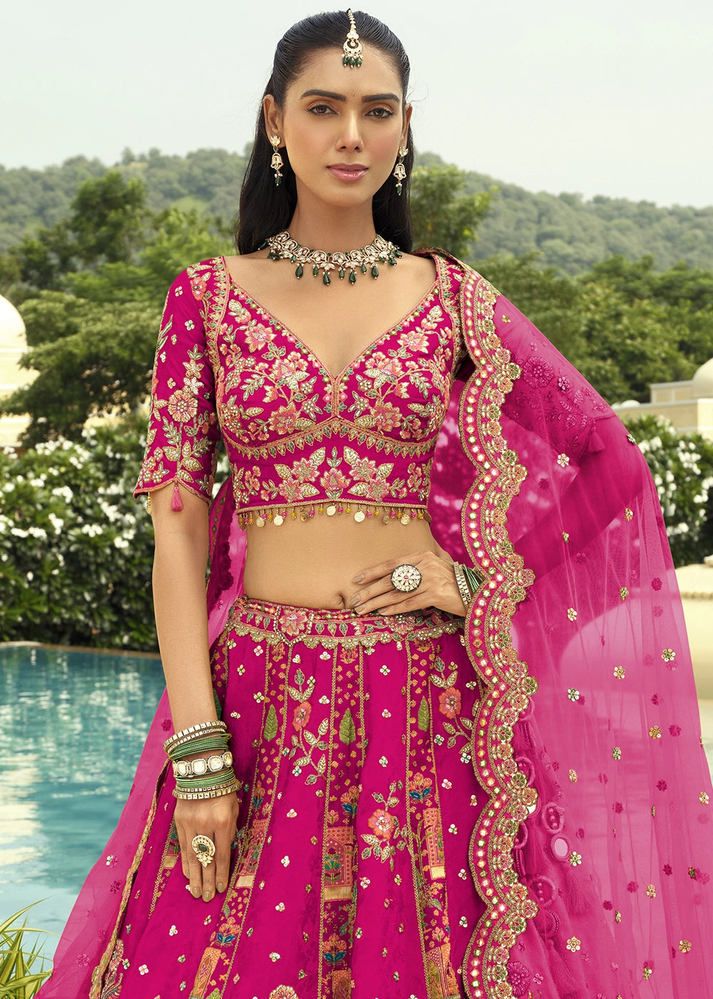 Magenta Pink Banarasi Silk Embroidered Lehenga Choli with Heavy Cut Work & Mirror Detailing