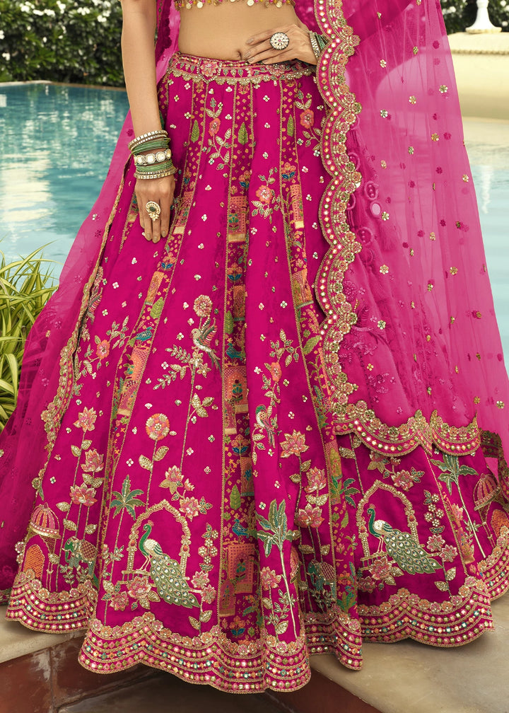 Magenta Pink Banarasi Silk Embroidered Lehenga Choli with Heavy Cut Work & Mirror Detailing