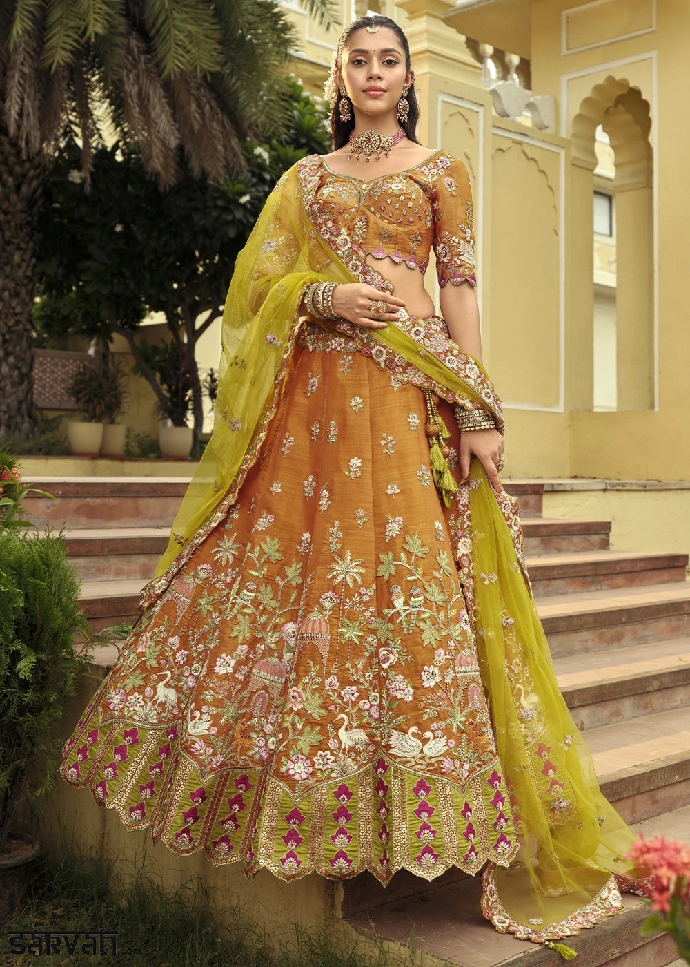 Mustard Yellow Banarasi Silk Embroidered Lehenga Choli with Heavy Cut Work & Mirror Detailing