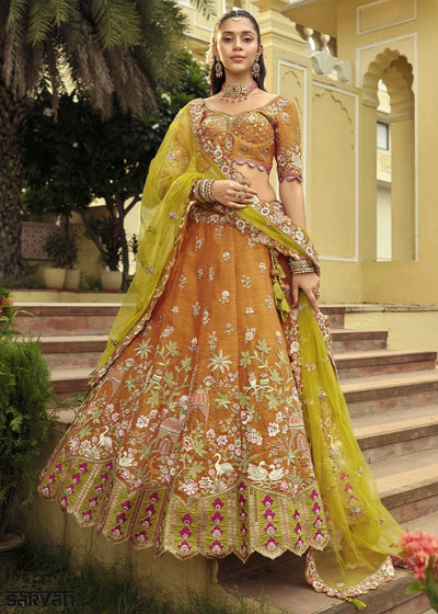 Mustard Yellow Banarasi Silk Embroidered Lehenga Choli with Heavy Cut Work & Mirror Detailing